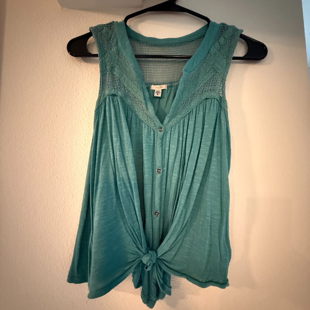 Ecote Teal Boho Summer Festival Tie-front Tank Top, size S